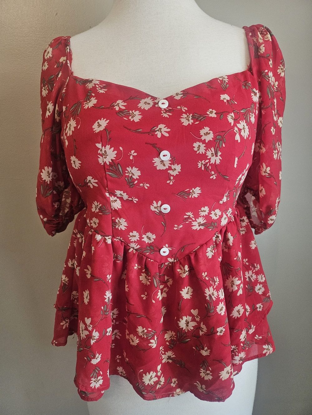 Peasant Red Floral Square-Neck Peplum Blouse